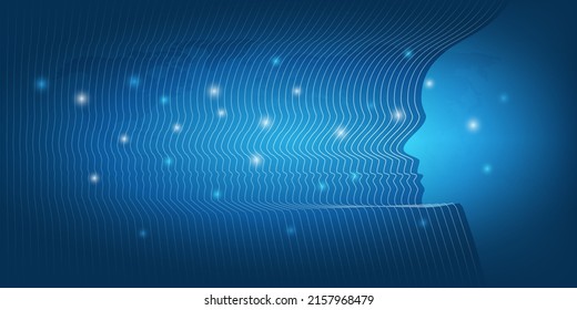 Dark Futuristic Abstract Machine Learning, Artificial Intelligence, Cloud Computing and Networks Design Concept with Human or Robot Silhouette, Wavy Patterned Face Profile,Glowing Network Nodes Around