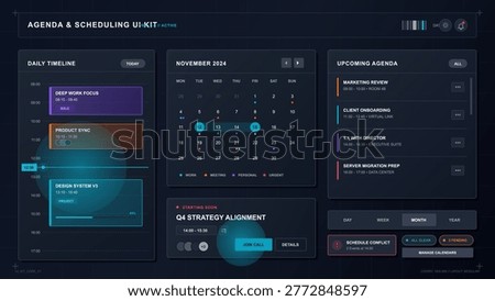 Dark futuristic agenda scheduling dashboard with daily timeline, monthly calendar, upcoming agenda cards, neon accents, and modular UI panels