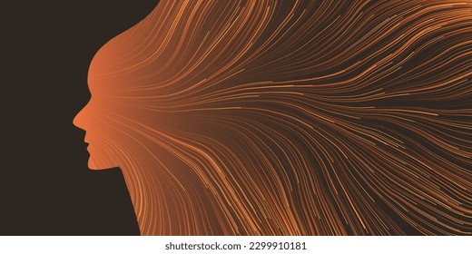 Dark Futuristic Artificial Technology Concept with Flow of Glowing Neural Connections Forming a Golden Human Face Profile, Dynamic 3D  Smart Tech Design with Digitally Generated Flowing Lines Pattern