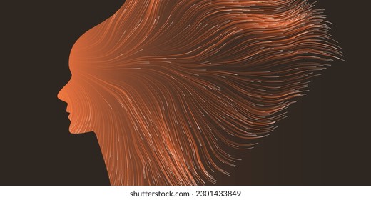 Dark Futuristic Artificial Technology Concept with Flow of Glowing Neural Connections Forming a Golden Human Face Profile, Dynamic 3D  Smart Tech Design with Digitally Generated Flowing Lines Pattern