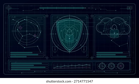 Una interfaz de panel oscura y futurista que muestra métricas de ciberseguridad y Elementos de seguridad en la nube con líneas cian y magenta brillantes sobre un fondo negro.