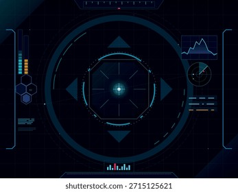 A dark, futuristic digital display interface with holographic elements, targeting reticles, graphs, and data readouts. This advanced UI evokes a sense of technology and information analysis.
