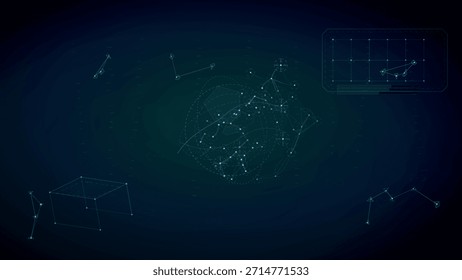 Eine dunkle, futuristische digitale Schnittstelle, die ein komplexes Netzwerk miteinander verbundener Konstellationen und geometrischer Formen darstellt, dargestellt in leuchtenden Teal- und violetten Linien auf schwarzem Hintergrund.