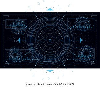 Eine dunkle, futuristische digitale Schnittstelle zeigt komplexe Datenvisualisierungen an, einschließlich konzentrischer Kreise, Graphen und Wellenmuster. Die Ästhetik ist insgesamt blau und technologieorientiert.