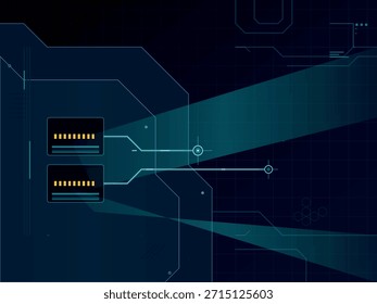 Una interfaz digital oscura y futurista muestra módulos de datos brillantes conectados por líneas azules de neón y retículas de orientación. El fondo presenta un patrón de cuadrícula y Formas geométricas abstractas, lo que sugiere tecnología avanzada o un entorno de ciencia ficción.