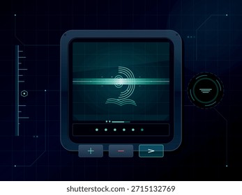 Una interfaz digital oscura y futurista muestra un icono de libro brillante con círculos concéntricos sobre él. Debajo de la pantalla hay tres Botones interactivos: más, menos y mayor que.