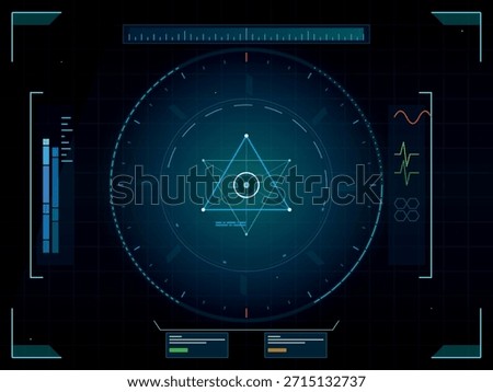 A dark, futuristic digital interface displays a central geometric star pattern within a circular radar-like element. Side panels show vertical bar graphs, waveform readings, and hexagonal icons, suggesting advanced technology and data visualization.