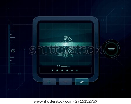 A dark, futuristic digital interface displays a glowing book icon with concentric circles above it. Below the screen are three interactive buttons: plus, minus, and greater than.