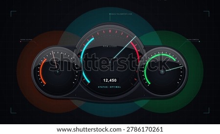 Dark futuristic gauge dashboard with three circular dials, neon needles, RPM readout, status label, and technical grid background interface
