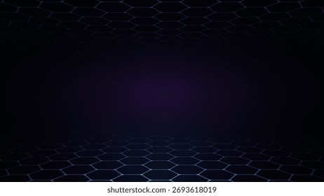 Fondo futurista oscuro de la rejilla del hexágono con la luz brillante del gradiente, ideal para la tecnología y los conceptos digitales, Ilustración vectorial