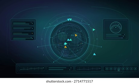 Eine dunkle, futuristische Benutzeroberfläche zeigt einen zentralen Globus, der von komplexen Linien, geometrischen Formen und glühenden Datenpunkten umgeben ist. Die umgebenden Bereiche zeigen Grafiken, Statusleisten und ein augenähnliches Symbol, was auf fortschrittliche Technologie und Datenanalyse schließen lässt.