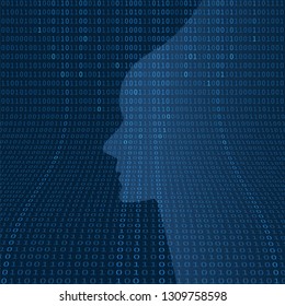 Dark Futuristic Machine Learning, Artificial Intelligence, Cloud Computing, Automated Support Assistance and Networks Design Concept with Robot or Human Face Silhouette and Digital Binary Data Pattern