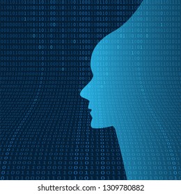 Dark Futuristic Machine Learning, Artificial Intelligence, Cloud Computing, Automated Support Assistance and Networks Design Concept with Robot or Human Face Silhouette and Digital Binary Data Pattern