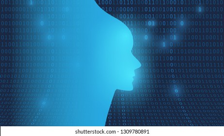 Dark Futuristic Machine Learning, Artificial Intelligence, Cloud Computing, Automated Support Assistance and Networks Design Concept with Robot or Human Face Silhouette and Digital Binary Data Pattern