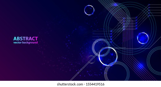 Dark futuristic neon abstraction background cosmos starry sky glowing galaxy and planets blue circles