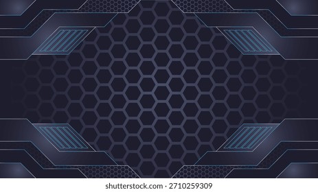 Dunkler futuristischer Tech-Hintergrund mit einem geometrischen Hexagon-Muster mit modernen digitalen Elementen und sauberen Linien ideal für Technologie-Themen Gaming-Schnittstellen Cyber-Designs und fortgeschrittene UI-Konzepte