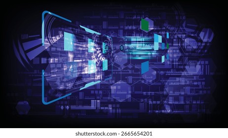 A dark, futuristic technology background with abstract screens and circuit board-like elements in a mix of purple and blue.
