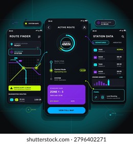 Dark futuristic transit app interface with route finder map, active arrival countdown, station departure list, pass card and neon mobile panels