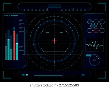A dark, futuristic user interface displays various data visualizations, including graphs, charts, a waveform, and a target reticle, rendered in cyan and red tones against a grid background.