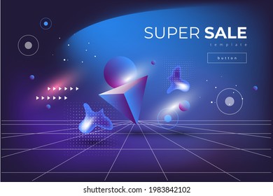 Dark futuristic vector template with flying different geometric shapes and grid perspective and gradient background and lettering super sale 
