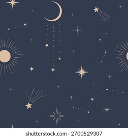 espaço galáxia escura padrão sem costura com lua crescente celeste e constelações