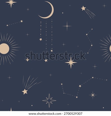 dark galaxy space seamless pattern with celestial, crescent moon and constellations