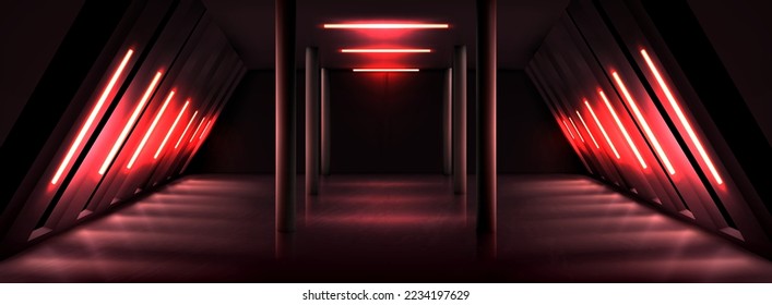 Dark gallery hall with red light lamps, inclined walls and columns. Empty corridor or room interior of modern apartment, office or museum building, vector realistic illustration