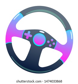 Dark game steering wheel on an isolated background, bright flat icon with pink and blue colors. white background vector