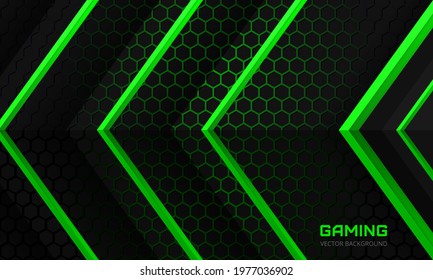 Dark gaming background. Green arrows on a dark abstract hexagonal grid vector illustration. Futuristic modern green metallic arrows and dark gray honeycomb backdrop. Gaming direction design.