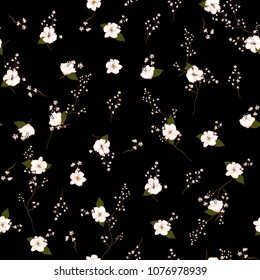Dark in the garden night  Blossom white Floral pattern in the blooming botanical . Seamless vector texture. For fashion fabric and all prints, Printing with in hand drawn style on black background