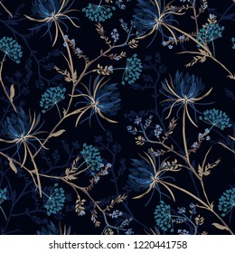 Dark garden night  monotone blue color Seamless pattern of soft and graceful oriental blooming flowers,botanical vector design for fashion,fabric,wallpaper,and all prints on black background 