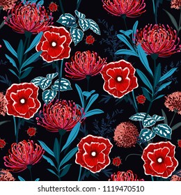 Dunkle Gartennacht Nahtlose Muster botanische rote Blumen, isoliert auf buntem Blumendekor Vektorgrafik. handgezeichnetes Style Design für Stoffdruck, Hintergrund auf Schwarz