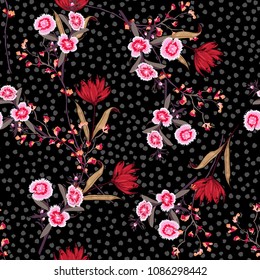 A dark garden Seamless pink floral pattern with blooming ,Flowers  on hand drawn on tone polka dot background. Vector summer .for fashion fabric and all prints on black color.