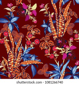 Dark garden vector seamless beautiful artistic bright tropical pattern with exotic forest. Colorful original stylish floral background print, bright rainbow colors on  maroon color