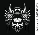 Dark Geisha Japanese Oriental Girl Skull Mask Art Tattoo Grunge Vintage Style illustration