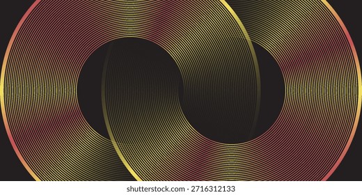 Dunkler geometrischer abstrakter Hintergrund mit überlappenden kreisförmigen Linien im Raum. Modernes Grafikdesign.