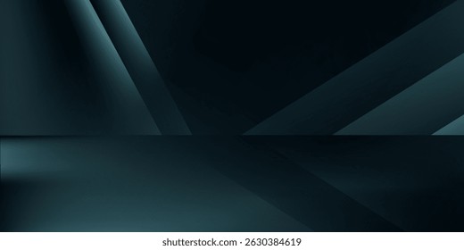 Dark geometric background with light and shadow for product placement mockup. Abstract studio interior scene showroom for premium brand display. 