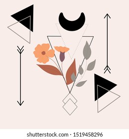 Dark geometric elements and beautiful autumn flowers illustration, perfect to use on the web or in print