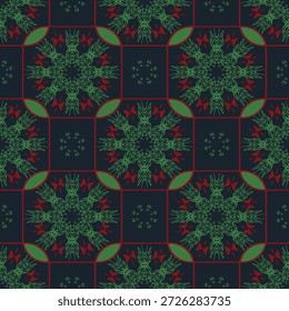 Ein dunkles geometrisches Blumenmuster mit grünen Sternmotiven und roten Akzenten in einem gefliesten Raster. Ideal für Stoffdrucke, Tapeten, Verpackungen, digitale Hintergründe und moderne Dekorationsdesigns.