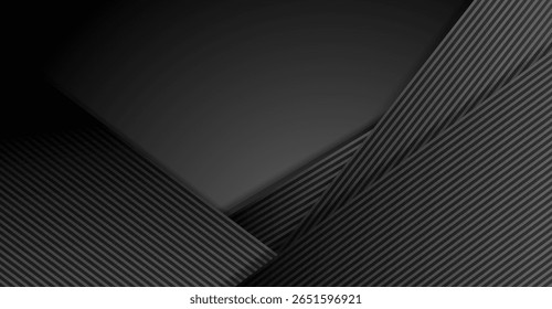 Camadas geométricas escuras interagem nesta imagem abstrata, apresentando texturas listradas convergindo com superfícies lisas para criar um fundo dimensional minimalista que é moderno e elegante