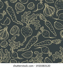 Dark geometric seamless pattern of beets, carrots, garlic and radishes. Hand-drawn graphics. Vector suitable for engraving.