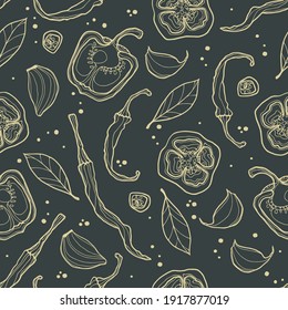 Dark geometric seamless pattern of hot and sweet peppers with cloves of garlic and bay leaf. Hand-drawn graphics. Vector.