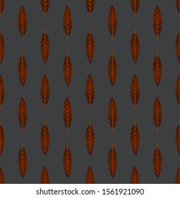 Dark geometric seamless pattern with vertical rows of small leaves. Repeat symmetrical botanical pattern. Vector illustration.