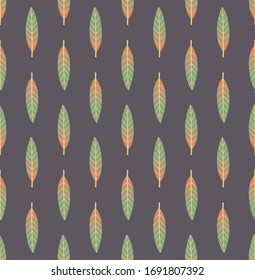 Dark geometric seamless pattern with vertical rows of small leaves. Repeat symmetrical botanical pattern. Vector illustration.