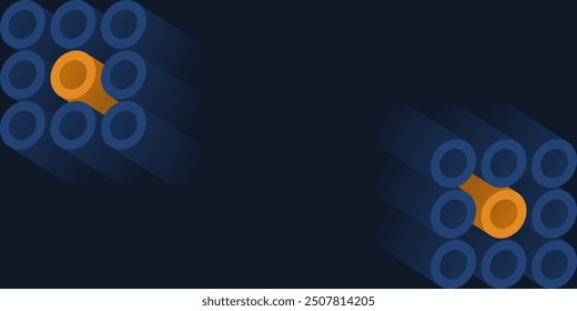 Dark Geometric Shapes of Tubular Blocks of Many Blue Tubes with Central Orange Accents on a Dark Background - Copyspace in the Center - Design Template in Editable Vector Format