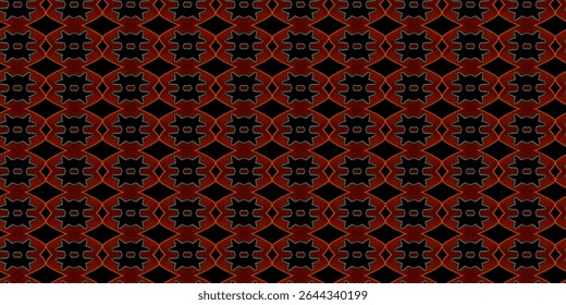 Padrão tribal inspirado geométrico escuro com simetria em negrito e tons vermelho-alaranjados. Perfeito para design abstrato ou têxtil. Padrão, Simetria, Abstrato, Tribal, Têxtil.