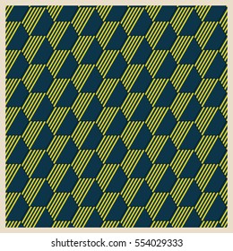 Dark geometrical background with blue hexagons and yellow lines. Pattern