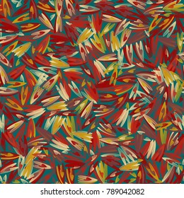 Dark geometrical seamless pattern with randomly spread hearts. St. Valentine's Day texture. Brown, red, green colors.