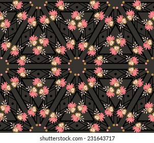 Dark geometrical seamless pattern with rhombuses and flowers. Elegant endless background in a retro style. Vector illustration.
