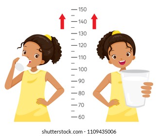 Dark Girl Drinking Milk For Health And Taller. Girl Measuring Her Height, Tall, Healthy, Care, People, Lifestyle